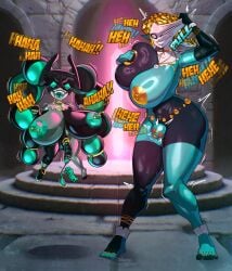 2girls bulge comic crabhorn dc dialogue female futanari futanari_transformation goo goo_transformation latex_transformation laugh laughing midna post-transformation princess_zelda quinnification the_legend_of_zelda transformation