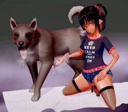 3d bangs black_hair booty_shorts canine canine_on_human canine_penis cum_drip dripping dripping_cum eye_contact female_human/male_feral female_on_feral feral feral_on_female feral_on_human fishnets garter_straps goonette gooning heels high_heels human_female human_on_feral imminent_bestiality imminent_sex jean_shorts keep_calm_and_carry_on kneeling knot koi_yukino leaking leaking_cum leaking_precum leggings legwear lingerie looking_at_viewer original paw pawprint shirt short_shorts streaked_hair tan tan_body tan_skin tanline text text_on_clothing text_on_shirt tongue tongue_out zoophilia