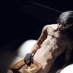 1boy 3d black_gloves black_hair book couch covered_penis devil_may_cry devil_may_cry_5 gloves lying_down male male_only naked necklace open_book sleeping tattoo tattoos v_(devil_may_cry) white_skin