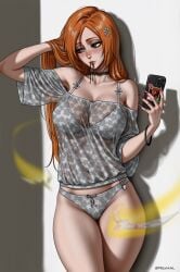 1girls big_breasts bleach blush bra bracelet breasts brown_eyes choker cowboy_shot crossed_legs female female_only hair_ornament highres holding_object inoue_orihime legs_together light-skinned_female light_skin long_hair orange_hair panties phone prixmal see-through see-through_clothing see-through_shirt selfie simple_background solo standing thick_thighs