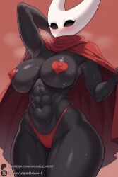 1female 1girls 2025 abs ai_generated armpits artist_name big_ass big_breasts blush breasts cape colored_skin covered_nipples curvy female genderswap_(mtf) heart_pasties hi_res high_quality high_resolution highleg highleg_panties highres hollow_knight hollow_knight:_silksong hornet_(hollow_knight) horns huge_ass huge_breasts large_breasts looking_at_viewer mask muscular muscular_female navel no_pupils panties pasties patreon patreon_username red_background red_cape red_panties rule_63 simple_background solo steaming_body sweat thick_thighs thighs underwear unjobdespiert watermark