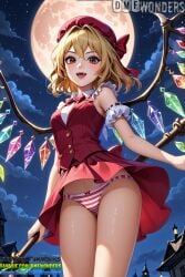 1girls :d adapted_costume ai ai_art ai_generated artist_name bangs bare_shoulders blonde_hair bow bowtie breasts cloud cowboy_shot crystal detached_sleeves dmf_wonders fangs fansly fanvue_username female flandre_scarlet frills from_below full_moon hair_between_eyes hair_intakes hat hat_bow holding looking_at_viewer medium_breasts miniskirt mob_cap moon navel night night_sky open_mouth outdoors panties pantyshot pink_skirt red_bow red_eyes red_headwear red_skirt red_vest scarlet_devil_mansion shirt short_hair short_sleeves skirt skirt_set sky sleeveless small_breasts smile solo standing starry_sky striped striped_panties teeth thigh_gap thighs touhou touhou_project twitter_username underwear vest white_shirt wings x_username