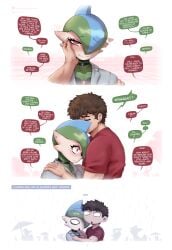 2025 2boys 5_fingers anthro artist_name blue_eyes blush choker clothed clothing comic dialogue digital_media_(artwork) duo ear_piercing ear_wiggle ellipsis english_text eyebrows fingers finn_(gammainks) gallade gammainks generation_4_pokemon hair hand_on_shoulder hi_res human male male_only mammal nintendo open_mouth pokemon pokemon_(species) raining roy_(gammainks) smile speech_bubble text very_high_resolution wholesome wiggle_lines