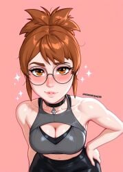1girls ai_generated armpits brown_eyes brown_hair casual cleavage dota_2 marci marci_(dota) sergunyaa23 short_hair