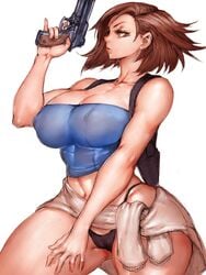 1girls big_breasts breasts brown_hair cameltoe cleavage erect_nipples female female_only firearm fit_female fumio_(rsqkr) gun handgun jill_valentine jill_valentine_(julia_voth) large_breasts midriff nipples panties pistol resident_evil resident_evil_3 solo sweater sweater_around_waist thick_thighs tubetop venus_body weapon wide_hips