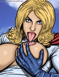 areolae big_breasts blonde_hair blue_eyes breasts breasts_out bubblebum420 busty cleavage cleavage_cutout dc dc_comics eyeliner female female_focus female_only huge_breasts kara_zor-l karen_starr large_breasts leotard licking licking_nipples lipstick mascara nipples pose posing power_girl powerbook125 short_hair solo superman_(series) tagme tongue tongue_out