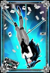 ai_art ai_generated bare_shoulders black_hair blue_eyes blue_hair blush border bulge bulge_through_clothing bunny_boy bunny_ears bunnysuit cards choker collection crossdressing cute dark_hair earrings embarassed femboy feminine_male feminization fishnet_legwear funny_face glowing_eyes heart helpless_male high_heels hylian lifted link link_(breath_of_the_wild) link_(tears_of_the_kingdom) long_ears long_hair male nintendo novelai pale_skin pout rare rope_bondage sigh sole_male text the_legend_of_zelda tied_up trading_card trap triforce twink upside-down very_long_hair white_skin