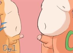 animated anthro balls becoming_erect belly big_belly big_moobs blue_hair blue_markings canid canine deer duo english_text erection faceless_character faceless_male fox fur genitals green_markings hair huge_belly male mammal markings moobs morbidly_obese morbidly_obese_anthro morbidly_obese_male navel nude obese obese_anthro obese_male overweight overweight_anthro overweight_male penis rexery_(rexerytruffle) rexery_truffle simple_background tan_body tan_fur text truffle_(rexerytruffle) weight_gain