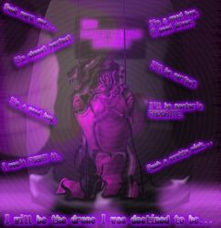 anthro black_body bondage_gear bound canid canine clothing donni_(lukenite) drone dronification fox glistening glistening_body goo_transformation good_boy hands_tied hi_res hypnosis hypnotic_visor latex latex_clothing latex_skinsuit lock lock_bulge lock_symbol lukenite male mammal mind_control obedient open_mouth pink_body red_fox skinsuit slime solo text tight_clothing transformation true_fox