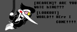 1boy autoerotic_asphyxiation black_hair corded_phone cum deltarune dialogue glasses male masturbation partially_clothed phone pixel_art reclining small_penis solo solo_male spamton_g_spamton white_skin