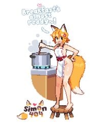 barefoot cooking english_text fox_ears fox_girl fox_tail naked_apron pixel_art senko_(sewayaki_kitsune_no_senko-san) sewayaki_kitsune_no_senko-san sim0n404 tagme
