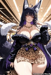 1girl ahoge ai_assisted ai_generated animal_ear_fluff animal_ears animal_print azur_lane bangs bare_shoulders black_hair blunt_bangs blush breasts cleavage collarbone cowboy_shot curvaceous curvy curvy_female curvy_figure eyebrows_visible_through_hair female fox_ears fox_girl fox_tail fur_collar fur_trim hair_ornament hand_up indoors jewelry large_breasts leopard_print long_hair long_sleeves looking_at_viewer miyuai multiple_tails musashi_(azur_lane) nail_polish necklace off_shoulder shiny shiny_skin skirt smile solo standing strapless tail thick thick_ass thick_butt thick_hips thick_legs thick_thighs thighs very_long_hair voluptuous voluptuous_female wide_hips wide_thighs yellow_eyes
