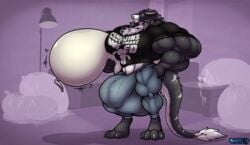 anthro araidian_(artist) balls big_balls big_muscles bulge condom facial_piercing filled_condom huge_balls huge_muscles humanoid hyper hyper_balls hyper_bulge hyper_muscles hyper_penis kraxah lamp male male_only muscular non-human nose_piercing nose_ring penis piercing sergal solo theun window