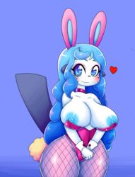 1girls anthro basketgardevoir blue_eyes blue_hair blush breasts bunny_ears bunnysuit celeste_(basketgardevoir) choker female fishnet_pantyhose furry happy heart huge_breasts long_hair nipples original_character oshawott pokemon pokemon_(species) pokemon_bw smile source_request thick_thighs wide_hips