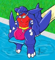 1boy anthro anthrofied big_testicles bulge diving_board garchomp huge_testicles hyper hyper_bulge hyper_penis hyper_testicles kokoro-doll male male_only nintendo penis plantigrade pokémon_(species) pokemon pokemon_(species) pokemon_dppt smile swimming_goggles swimming_pool testicles text video_games watermark