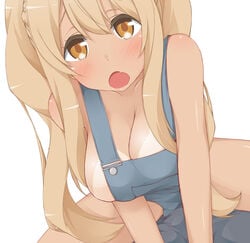 10s 1girls bikini_tan blonde_hair blush breasts clothing female female_only hinata_masaki large_breasts long_hair looking_at_viewer naked_overalls no_bra oerba_yun_fang open_mouth overalls simple_background sitting solo spread_legs sunohara_nana sunoharasou_no_kanrinin-san tan tanline v_arms white_background yellow_eyes