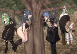 4girls atomic_wedgie blonde_hair blue_hair bondage boots brick_wall byleth_(fire_emblem) byleth_(fire_emblem)_(female) clothes_stuck_on_object embarrassed female female_only femsub fire_emblem fire_emblem:_three_houses fire_emblem_heroes flayn_(fire_emblem) garreg_mach_monastery_uniform green_hair hanging_wedgie heel_boots high_heel_boots high_heels marianne_von_edmund mercedes_von_martritz multiple_girls multiple_subs nabatean_(fire_emblem) nintendo omegalife panties panty_pull print_panties teal_hair thighs tree wedgie