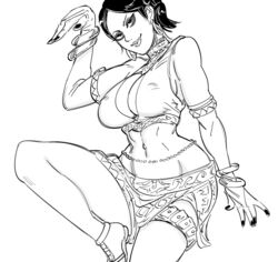 1girls bb_(baalbuddy) belly belly_button black_and_white black_hair black_nail_polish bracelet bracelets cleavage ear_ring earring earrings greyscale knee_up leg_lift legs looking_at_viewer nail_polish namco pose posing seductive_smile tekken tekken_tag_tournament_2 video_games zafina_(tekken)