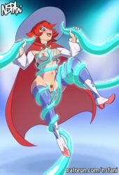 breasts cape consensual_tentacle_sex consensual_tentacles consentacles female high_heels little_witch_academia nipple_penetration nipples nsfani pubic_hair pussy pussy_juice red_eyes red_hair shiny_chariot smile stockings tentacle tentacle_sex witch_hat