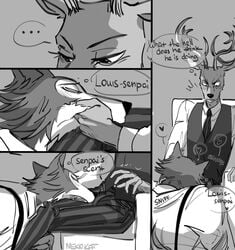 ... antlers beastars bedroom_eyes blush canid canine canis cervid cervine closed_eyes clothed clothing comic crotch_sniffing dress_shirt english_text eyelashes fur greyscale head_grab heart hi_res horn legoshi_(beastars) long_eyelashes louis_(beastars) male male/male male_only mammal mane monochrome multicolored_body multicolored_fur musk narrowed_eyes necktie nekokat42 onomatopoeia red_deer seductive shirt signature size_difference small_dom_big_sub sniffing sound_effects surprise suspenders text topwear two_tone_body two_tone_fur vest watermark wolf