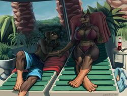 abs anthro barefoot bikini busty canid canine cleavage daniel_porter doberman furry greasymojo happy honeymoon huge_breasts husband_and_wife male married_couple muscular muscular_female original original_character original_characters smile swimming_trunks thick_thighs tracy_porter