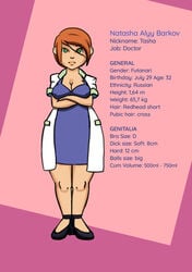 black_high_heels character_sheet clothed_futanari coat doctor dress freckles freckles_on_face futa_only futanari green_eyes high_heels intersex labcoat natasha natasha_ally netto_sensei pink_background read_hair redhead short_hair