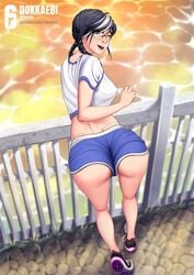 1girls asian ass bent_over dokkaebi_(rainbow_six) erect_nipple female_only glasses jogging looking_at_viewer mwood nipples_visible_through_clothing outdoors rainbow_six rainbow_six_siege shorts smile sneakers tom_clancy twintails two_tone_hair