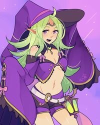 1girls ahoge alternate_costume belt breasts center_opening circlet cleavage cowboy_shot detached_sleeves female female_only fire_emblem fire_emblem_awakening fire_emblem_heroes green_hair halloween_costume hat heart_pendant kokomi lantern long_hair looking_at_viewer manakete midriff navel nintendo nowi_(fire_emblem) nowi_(halloween)_(fire_emblem) open_mouth pointy_ears purple_background purple_eyes purple_headwear short_shorts shorts simple_background sleeves_past_wrists small_breasts smile solo thighs wide_sleeves witch_hat