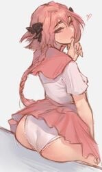 1boy 2019 2d 2d_(artwork) 5_fingers arms ass ass_focus astolfo_(fate) back_view big_ass big_butt bubble_ass bubble_butt butt clothed clothing cute dat_ass digital_drawing_(artwork) fate/apocrypha fate/grand_order fate_(series) femboy fully_clothed girly hair hands huge_ass human human_only image lace-trimmed_panties long_hair looking_back male male_focus male_only natthelich open_eyes open_mouth panties pink_clothing pink_hair pink_skirt purple_eyes school_uniform serafuku short_skirt sissy sitting skirt solo solo_male trap underwear upskirt white_background white_panties