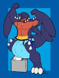 1boy anthro anthrofied big_testicles bulge clothing collar flexing garchomp huge_testicles hyper hyper_bulge hyper_penis hyper_testicles kokoro-doll male male_only muscular nintendo penis plantigrade podium pokémon_(species) pokemon pokemon_(species) pokemon_dppt smile testicles text underwear video_games watermark