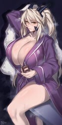 1girls artoria_pendragon artoria_pendragon_(lancer_alter) artoria_pendragon_(swimsuit_ruler) big_breasts blonde_hair breasts breasts_bigger_than_head cleavage fate/grand_order fate_(series) female female_only hirasawa_seiji huge_breasts large_breasts long_hair looking_at_viewer ponytail robe solo solo_female text thick_thighs thighs very_long_hair watermark wet wide_hips yellow_eyes