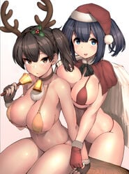 2girls alternative_costume asymmetrical_hair bell bikini blue_eyes blue_hair blush breasts brown_eyes brown_hair christmas christmas_outfit female fur-trimmed_hat fur_trim hair_between_eyes hair_ornament hair_ribbon hat horns jingle_bell kaga_(kantai_collection) kantai_collection large_breasts long_hair looking_at_viewer micro_bikini multiple_girls navel open_mouth ponytail red_bikini ribbon santa_costume santa_hat short_hair side_ponytail siesta_(artist) sitting smile souryuu_(kantai_collection) swimsuit tied_hair twintails