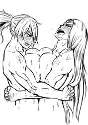 2girls bearhug breast_press catfight fighting greyscale hug huge_breasts irelia_xan league_of_legends long_hair moaning multiple_girls muscle muscular_female mutual_bearhug ponytail riven screaming sweat symmetrical_docking titfight wrestling yuri