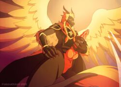 2019 animated anthro armor avian blonde_hair bodily_fluids claws clothed clothing cum dragon ejaculation erection european_mythology flabbyotter genital_fluids greek_mythology hair horn knot male male_only mythological_bird mythological_firebird mythology partially_clothed penis phoenix solo_male standing wings