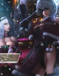 2girls areolae blindfold breasts christmas_outfit female female_only green_eyes high_resolution highres limgae merry_christmas nier nier:_automata nier_(series) white_hair yorha_2b yorha_a2