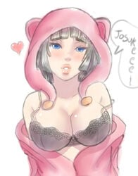 big_breasts black_hair blue_eyes bra breasts cleavage daiya_higashikata female heart jojo's_bizarre_adventure jojolion large_breasts short_hair simmsy smile speech_bubble text