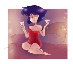 5_fingers artist_name artist_signature ass bare_shoulders barefoot bed bed_sheet bedroom bedroom_eyes blue_eyes blue_hair breasts clavicle color drawbauchery eyebrows female female_only half-closed_eyes hips human human_lapis_lazuli humanized lapis_lazuli_(steven_universe) light_skin medium_hair nightgown no_bra pillow red_background red_dress seductive small_breasts smirk solo solo_female steven_universe strap_slip thick_thighs thighs valentine's_day watermark white_border wine_glass