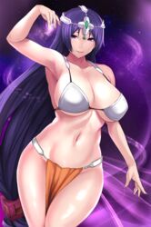 1girls alternate_costume bikini_armor breasts clothing cosplay dancer_outfit dragon_quest dragon_quest_iv fate/grand_order fate_(series) gem harem_outfit impossible_clothes jewelry large_breasts long_hair maya_mahabala_(cosplay) metal_bikini minamoto_no_raikou_(fate/grand_order) navel purple_hair revealing_clothes solo tiara yashichii