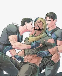 2015 3boys batman_(series) beard black_hair blush clothed clothing dark-skinned_male dark_skin dc dc_comics dick_grayson evinist gay hairy_chest male male/male male_only mask masked multiple_boys multiple_males muscles muscular muscular_male nightwing ripped_clothes ripped_clothing short_hair tagme yaoi