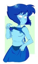 1girls blue_hair blue_skin breasts drawbauchery female flashing gem gem_(species) lapis_lazuli_(steven_universe) nipples presenting shirt_lift short_hair small_breasts solo steven_universe straight_hair