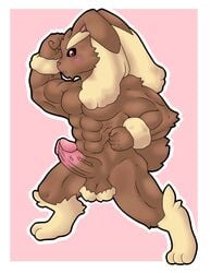 1boy altenusy animal_genitalia anthro digital_media_(artwork) erection fur hi_res humanoid_penis lopunny male male_lopunny male_only male_pokemon muscular muscular_male nintendo nude original_character penis pokemon pokemon_(species) pokemon_dppt pubes simple_background solo source_request testicles video_games