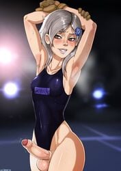 1futa armpits arms_up balls breasts brown_hair erection eyeliner eyeshadow futa_only futanari hair hair_flower hair_ornament hairclip hourglass_figure intersex lipstick makeup metal_gear metal_gear_rising metal_gear_solid nipples one-piece_swimsuit penis shadman silver_hair smile solo solo_futa standing sunny_gurlukovich swimsuit testicles uncut young