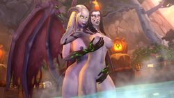 2girls 3d alvarina areolae big_breasts breasts demon demon_girl demon_wings draenei eredar female female_only horns large_breasts night_elf nipples nude succubus world_of_warcraft yuri