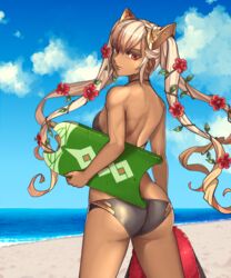 1girls alternate_costume amiba_(nerdamiba) ass backboob bikini dark-skinned_female dark_skin fire_emblem fire_emblem_heroes laevatein_(fire_emblem) laevatein_(summer)_(fire_emblem) long_hair looking_back nintendo official_alternate_costume solo surfboard twintails