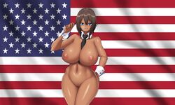 1girls american_flag blue_eyes breasts brown_hair cameltoe dark-skinned_female dark_skin huge_breasts mk001black nipples nude nude_female original original_character police_uniform policewoman pussy reese_(mk001black) salute solo solo_female wide_image