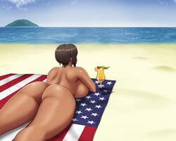 1girls american_flag ass beach big_ass breasts brown_hair dark-skinned_female dark_skin flag glamour hips huge_breasts mk001black ocean original original_character reese_(mk001black) sea seaside solo solo_female viewed_from_behind