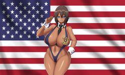 1girls american_flag blue_eyes breasts brown_hair cameltoe dark-skinned_female dark_skin huge_breasts mk001black original original_character police_badge police_uniform policewoman reese_(mk001black) sling_bikini solo solo_female swimsuit