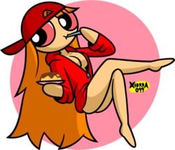 aged_up artstyle_imitation barefoot baseball_cap blossom_(powerpuff_girls) bottomless breast brick_(powerpuff_girls) cap cel_shading cleavage eating female fingerless flan floating ginger_hair grown_up holding_food hoodie hoodie_only jacket legs_crossed light-skinned_female long_hair nude_underneath open_jacket orange_hair pale-skinned_female pink_eyes plate powerpuff_girls pudding red_clothing red_hoodie rowdyruff_boys rule_63 solo spoon spoon_in_mouth toeless transparent_background wholesome xierra099