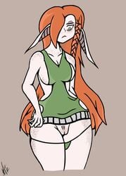 absurd_res ass big_breasts big_butt braided_hair breasts clothed clothing curvy_figure digital_media_(artwork) elf female freckles genitals guiltyskull_(artist) hair hi_res humanoid long_hair melancholic mood pubic_hair pussy red_hair solo tired underwear