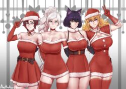 4girls absurdres aestheticc-meme alternate_outfit big_breasts blake_belladonna blonde_hair breasts christmas cleavage clothing faunus female female_only highres hourglass_figure human large_breasts looking_at_viewer multiple_girls ruby_rose rwby santa_hat team_rwby text v watermark weiss_schnee yang_xiao_long